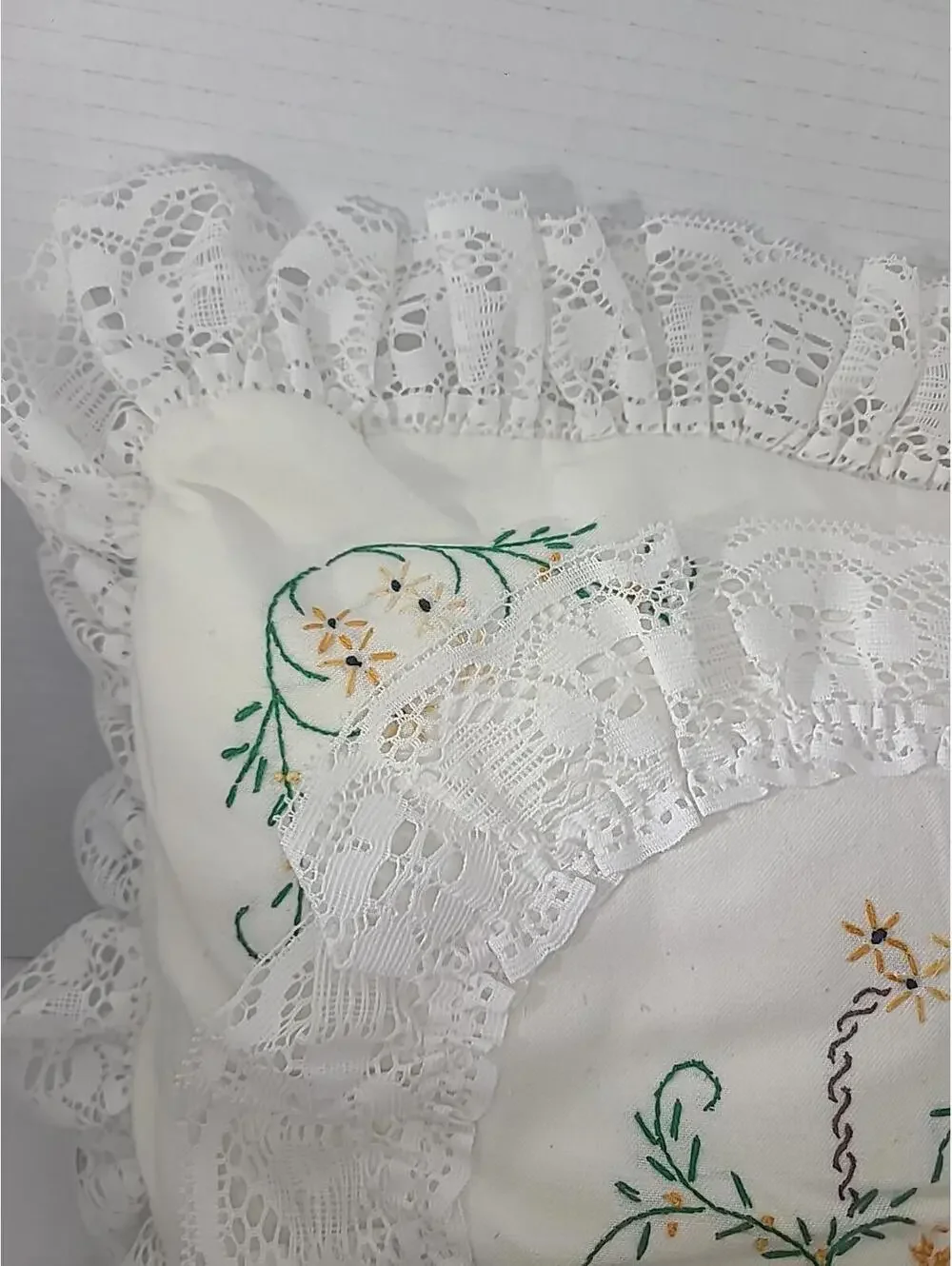 Shabby Chic Hand Stitched Embroidered Pillow With Lace Trim Cottagecore 12x12